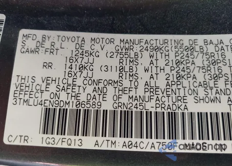 2013 Toyota Tacoma Base V6 z USA, uszkodzony, nr VIN 3TMLU4EN9DM106589
